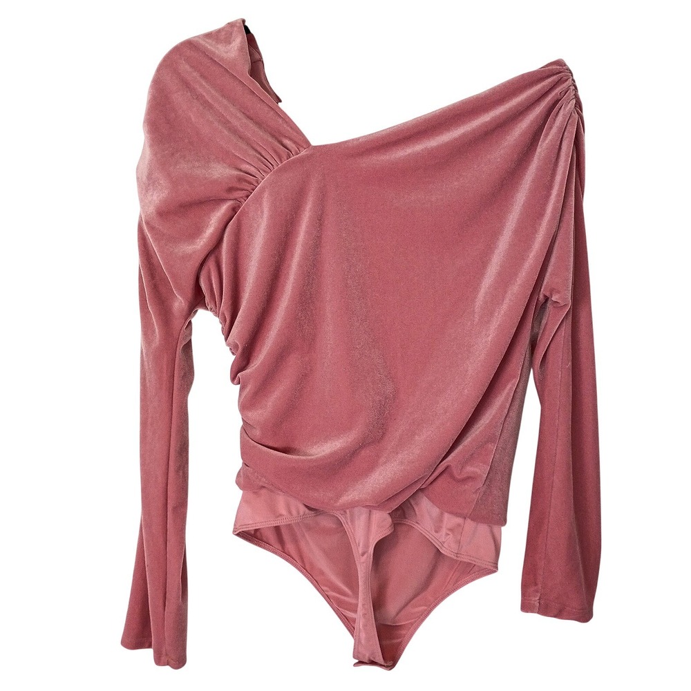 Express Body Contour Rose Pink Velvet Asymmetrical One Shoulder Bodysuit Large